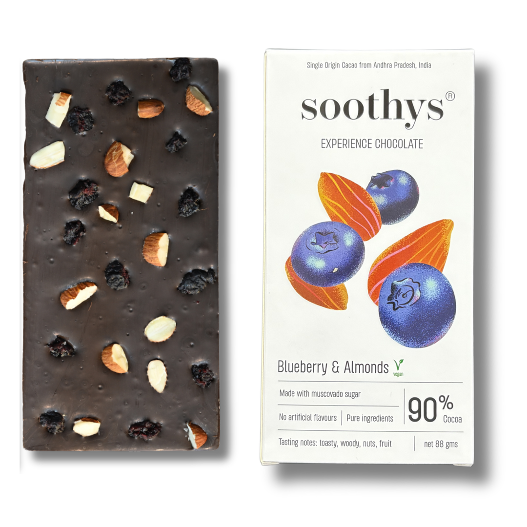 Soothys 90% Dark Vegan Chocolate Bar | Blueberry & Almonds | 88 g