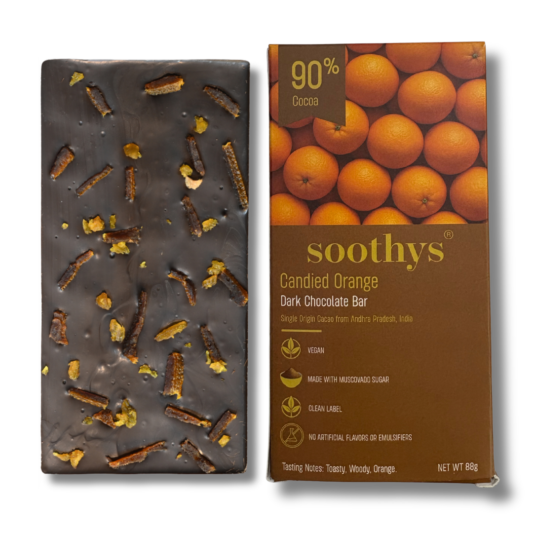 Soothys 90% Dark Vegan Chocolate Bar | Candied Orange | 88 g