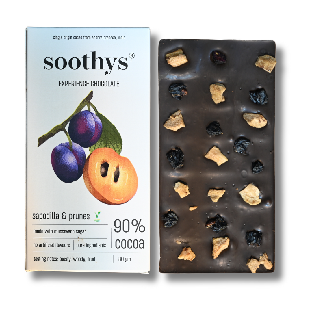 Soothys 90% Dark Vegan Chocolate Bar | Sapodilla & Prunes | 88 g
