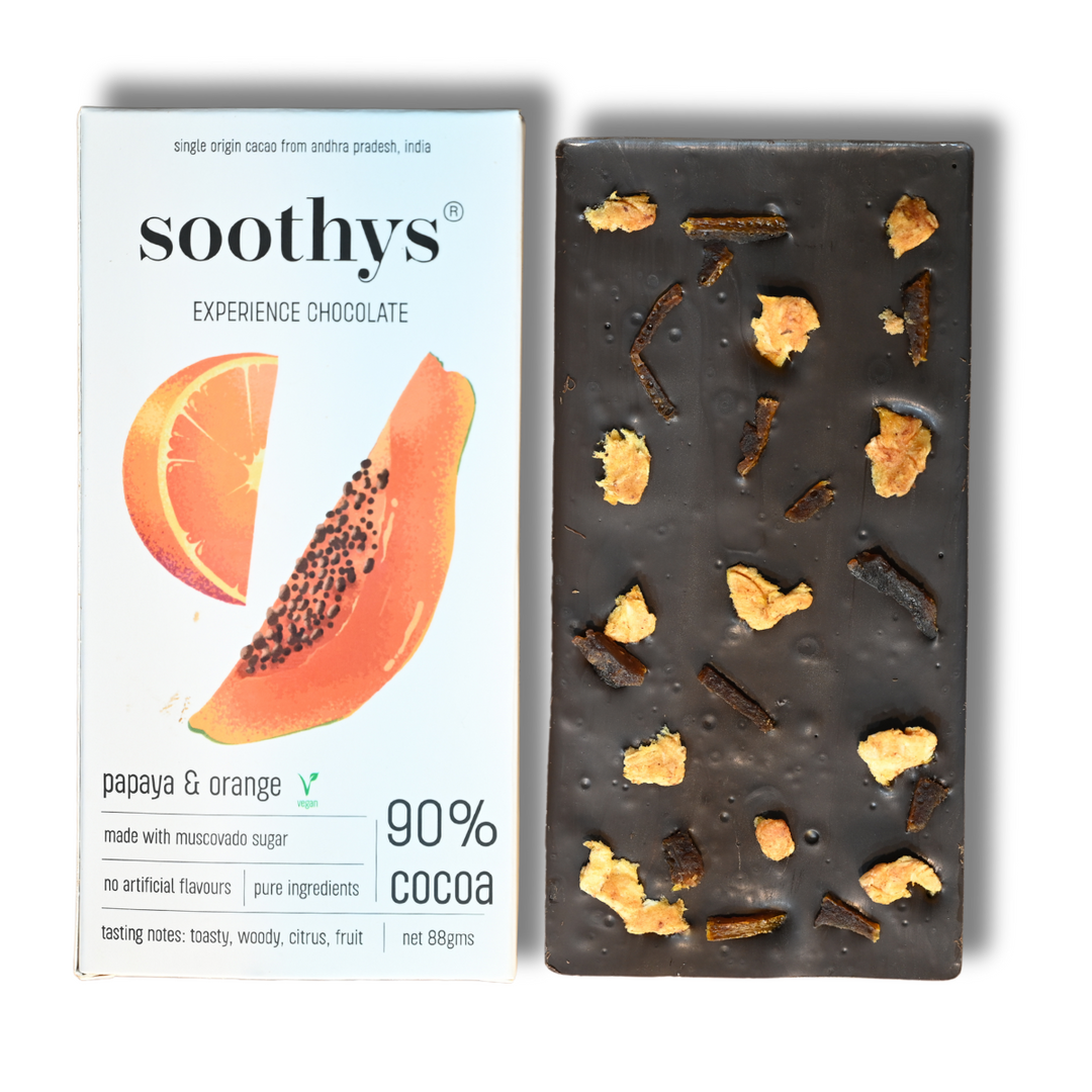 Soothys 90% Dark Vegan Chocolate Bar | Papaya & Orange | 88 g