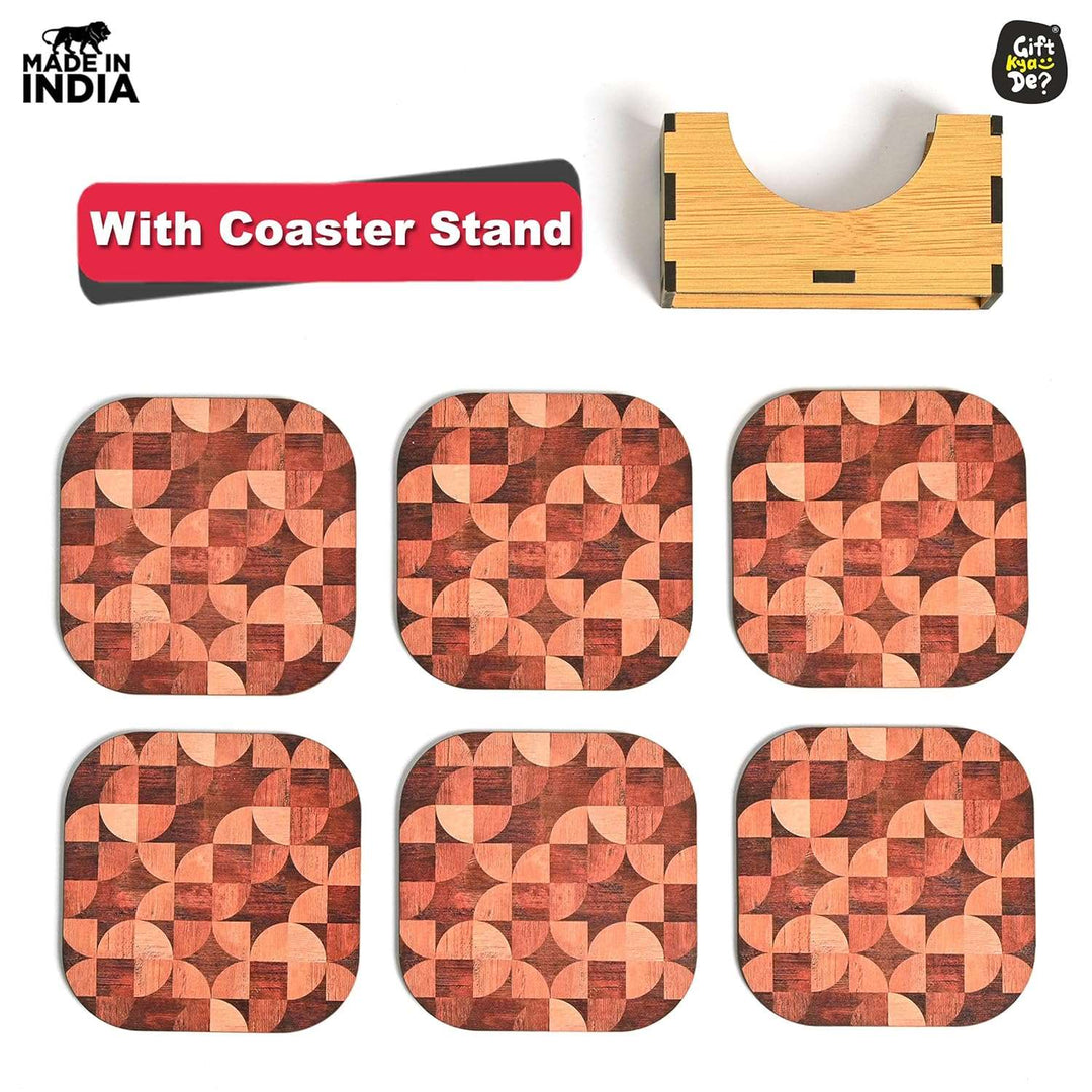 Gift Kya De Coaster Set of 6 Woody Design | Wooden Coasters With Coaster Stand | Kitchen Accessories (Ecofriendly)