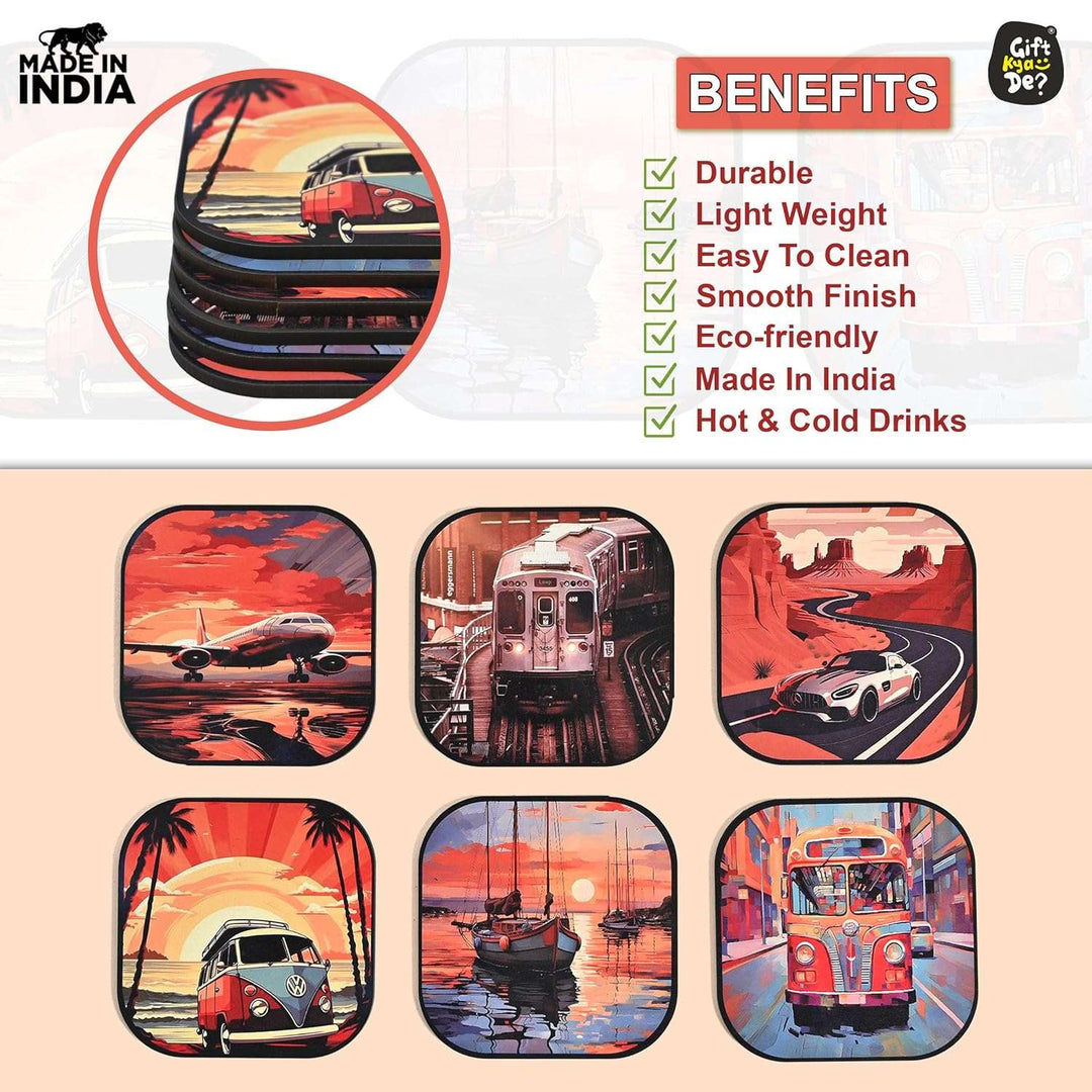 Gift Kya De Coaster Set of 6 Nature & Travel Theme Design | Wooden Coasters to Serve Tea Cups, Coffee Mugs and Glasses