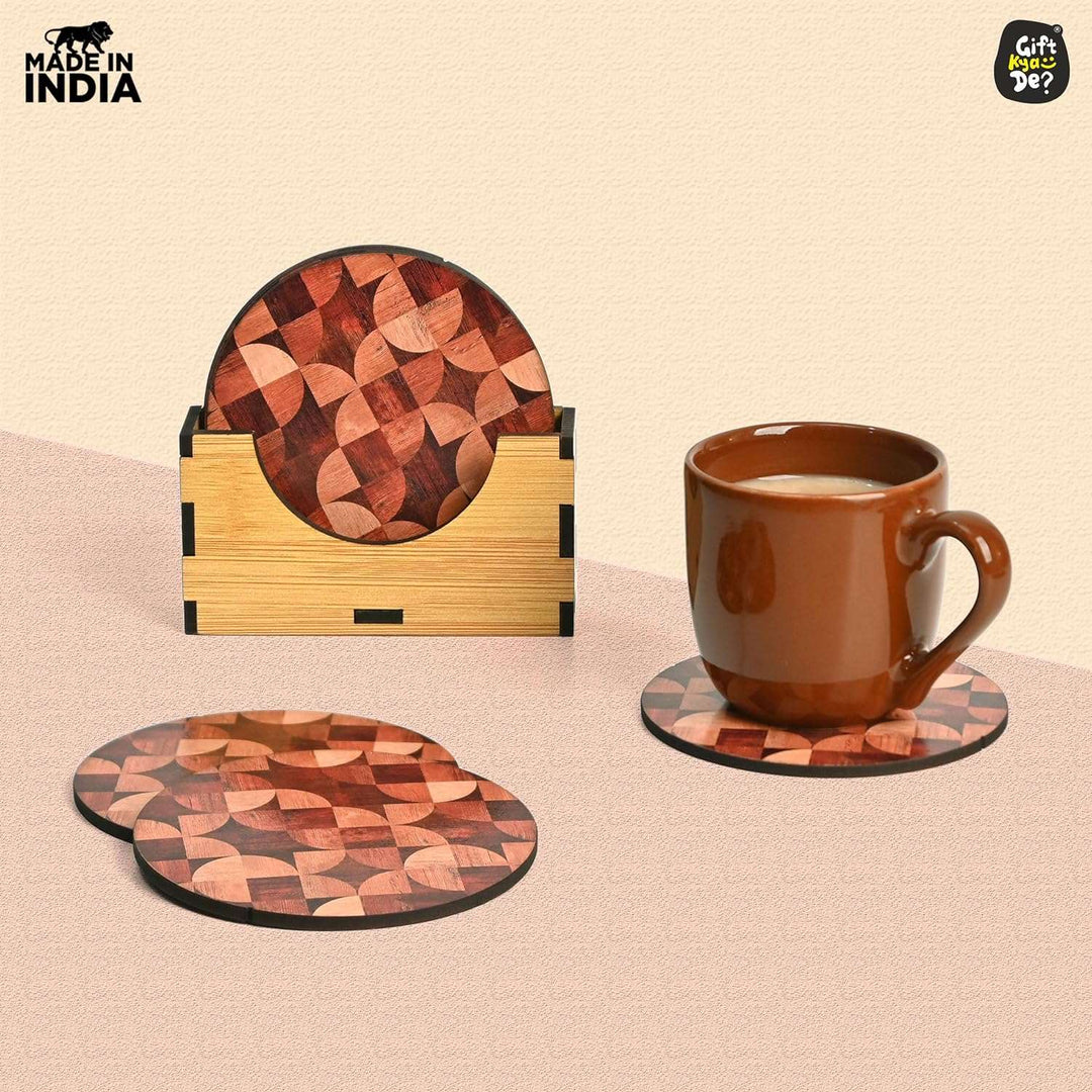 Gift Kya De Coaster Set of 6 Woody Design | Wooden Coasters With Coaster Stand | Kitchen Accessories (Ecofriendly)