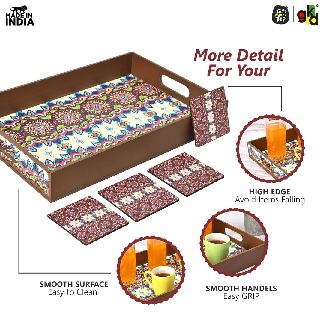 Wooden Serving Tray with 4 Free Coasters – 11x15 Inch Tea, Coffee & Snack Tray – Tray with Handles for Home, Kitchen & Dining