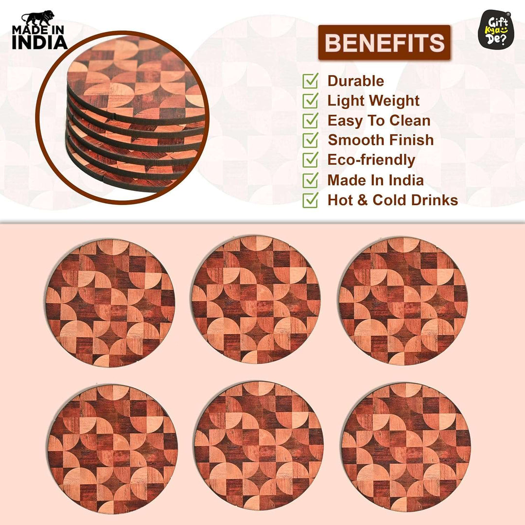 Gift Kya De Coaster Set of 6 Woody Design | Wooden Coasters With Coaster Stand | Kitchen Accessories (Ecofriendly)