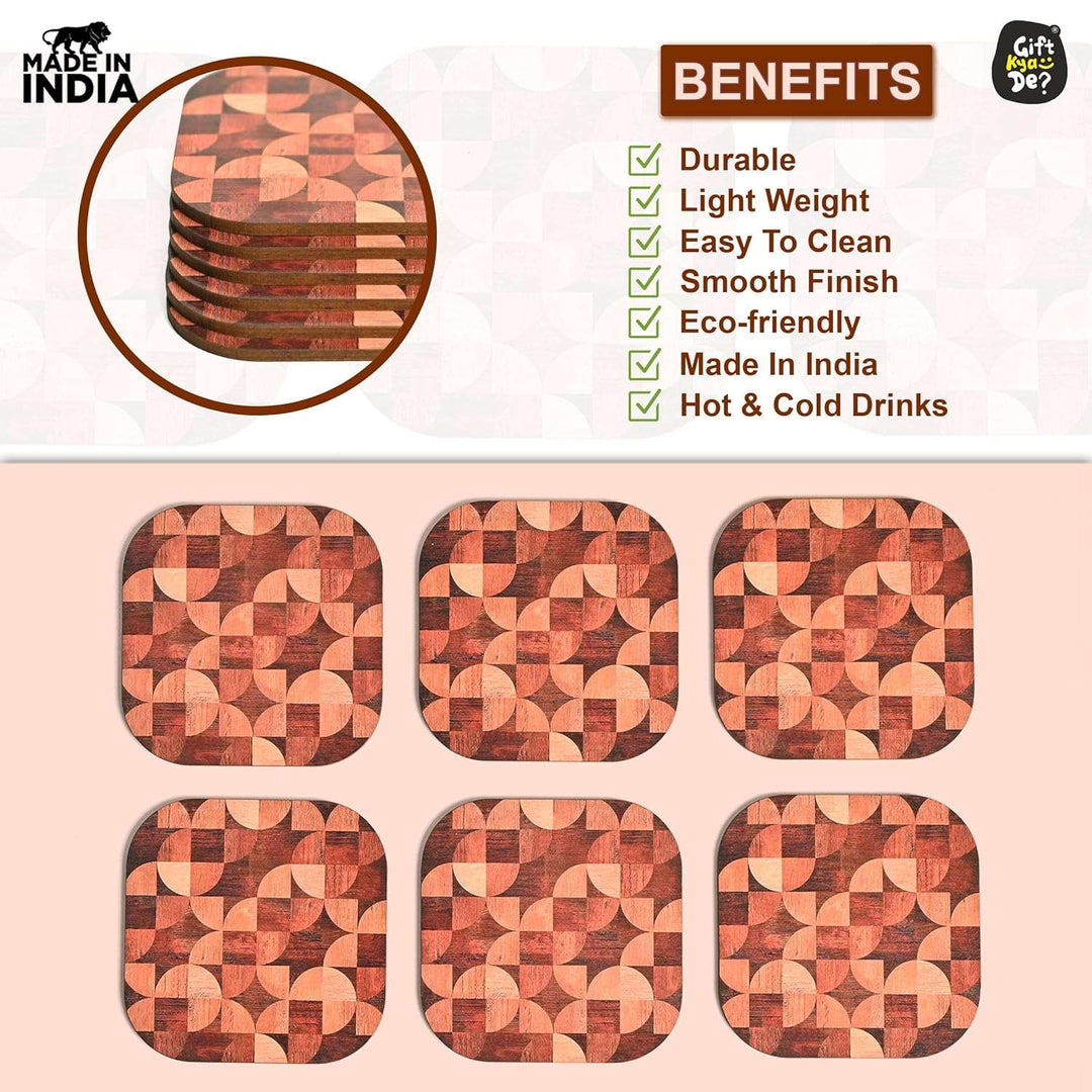 Gift Kya De Coaster Set of 6 Woody Design | Wooden Coasters With Coaster Stand | Kitchen Accessories (Ecofriendly)