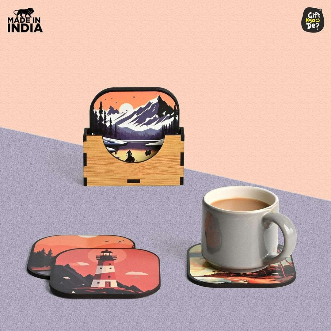 Gift Kya De Coaster Set of 6 Nature & Travel Theme Design | Wooden Coasters to Serve Tea Cups, Coffee Mugs and Glasses