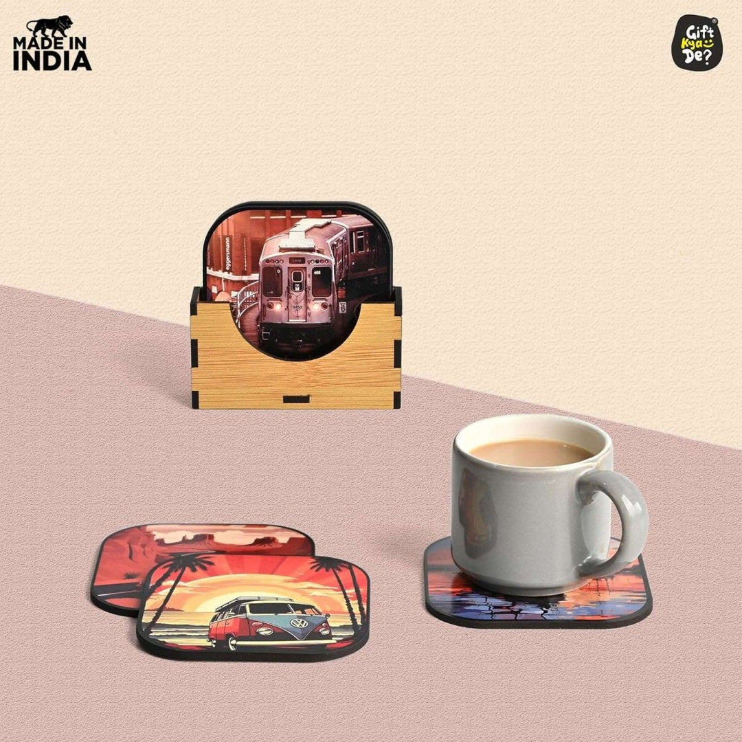 Gift Kya De Coaster Set of 6 Nature & Travel Theme Design | Wooden Coasters to Serve Tea Cups, Coffee Mugs and Glasses