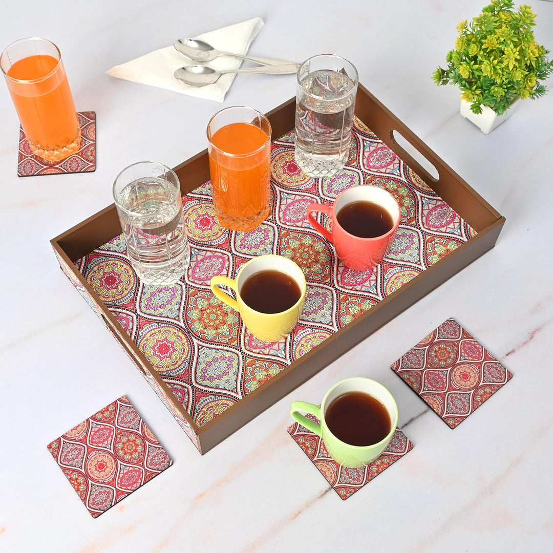 Wooden Serving Tray with 4 Free Coasters – 11x15 Inch Tea, Coffee & Snack Tray – Tray with Handles for Home, Kitchen & Dining
