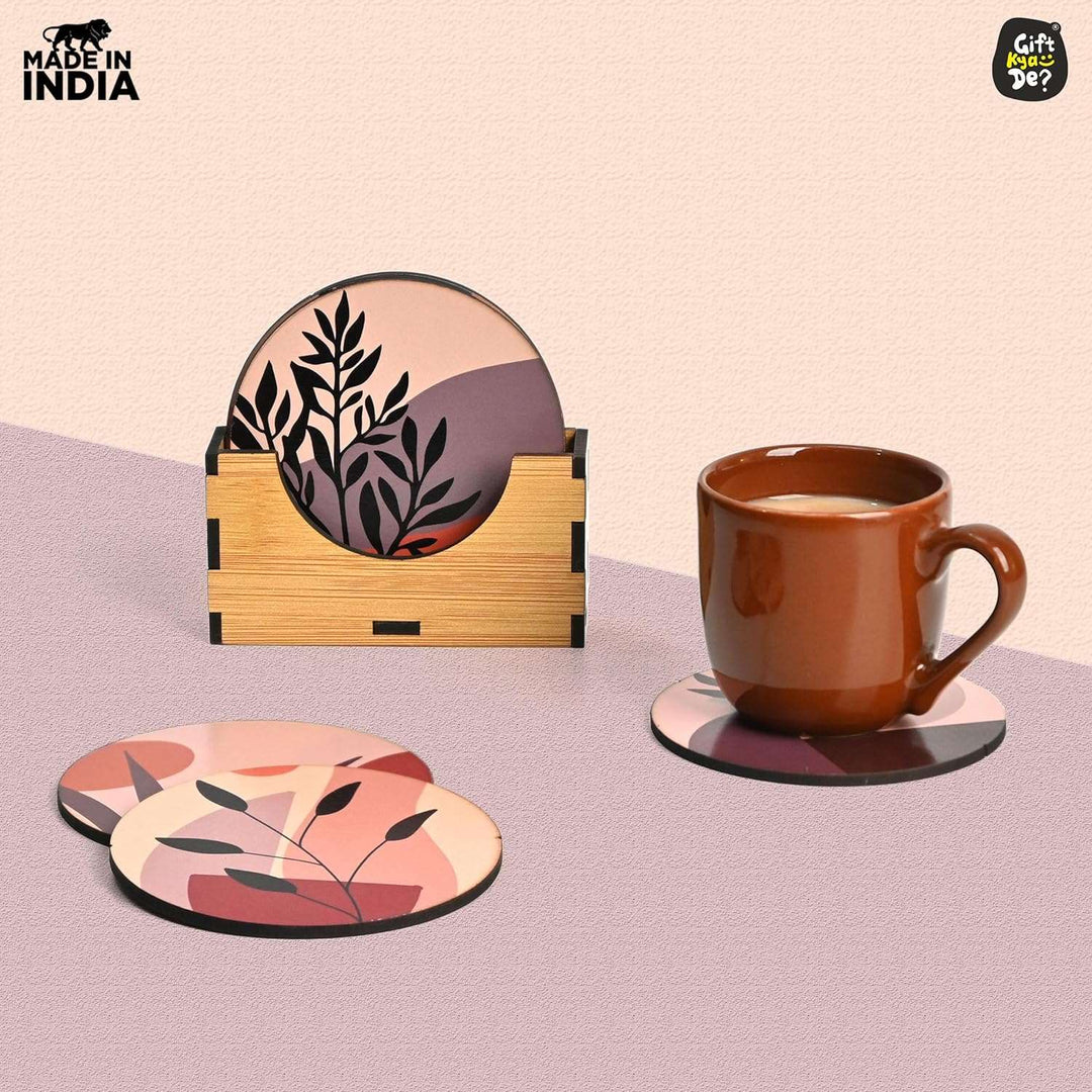 Gift Kya De Coaster Set of 6 Modern Art Design | Wooden Coasters to Serve Tea Cups, Coffee Mugs and Glasses