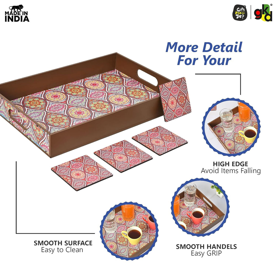 Wooden Serving Tray with 4 Free Coasters – 11x15 Inch Tea, Coffee & Snack Tray – Tray with Handles for Home, Kitchen & Dining