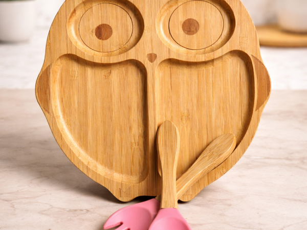 The Bamboo Bae Owl Shape Bamboo Feeding Plate with Fork & Spoon | Eco Friendly Kids Plate | BPA Free | Safe for Children | Cute Baby Plate