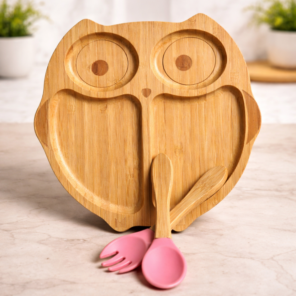 The Bamboo Bae Owl Shape Bamboo Feeding Plate with Fork & Spoon | Eco Friendly Kids Plate | BPA Free | Safe for Children | Cute Baby Plate