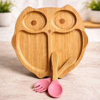 The Bamboo Bae Owl Shape Bamboo Feeding Plate with Fork & Spoon | Eco Friendly Kids Plate | BPA Free | Safe for Children | Cute Baby Plate