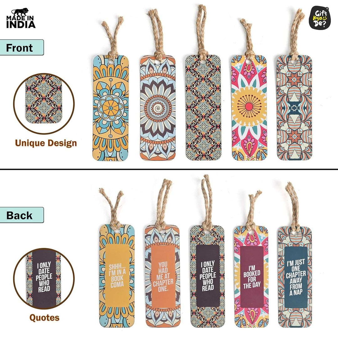 Gift Kya De Bookmarks Set of 5 | Beautiful Designs & Quotes | Hard Paper Book Marker With Handmade Tassel Dori