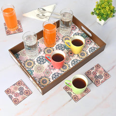 Wooden Serving Tray with 4 Free Coasters – 11x15 Inch Tea, Coffee & Snack Tray – Tray with Handles for Home, Kitchen & Dining