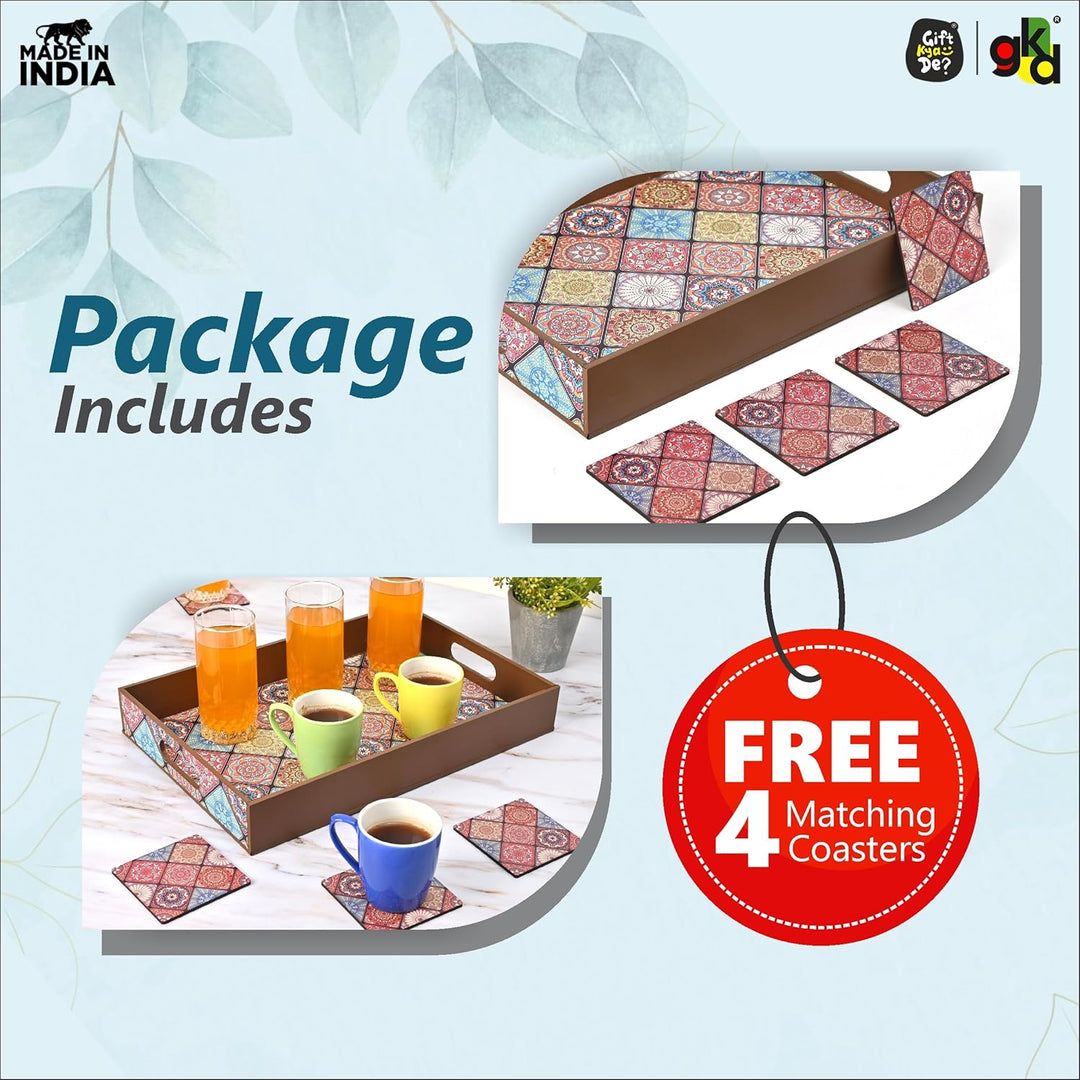 Wooden Serving Tray with 4 Free Coasters – 11x15 Inch Tea, Coffee & Snack Tray – Tray with Handles for Home, Kitchen & Dining