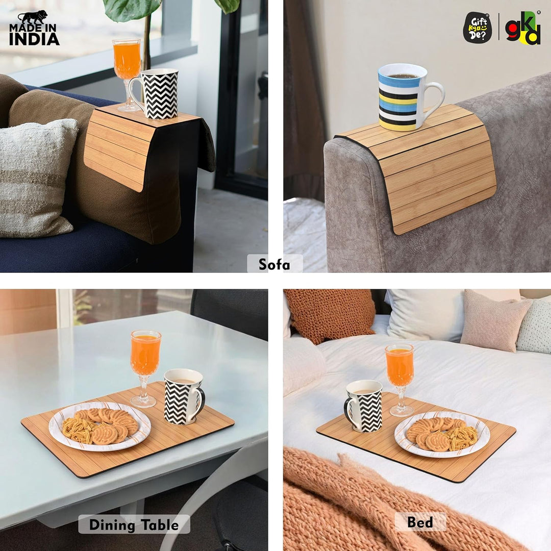 Foldable Sofa Armrest Tray | Bamboo Finish Couch Tray for Snacks, Drinks, Coffee | Available in Small & Large | Eco-Friendly MDF Wood