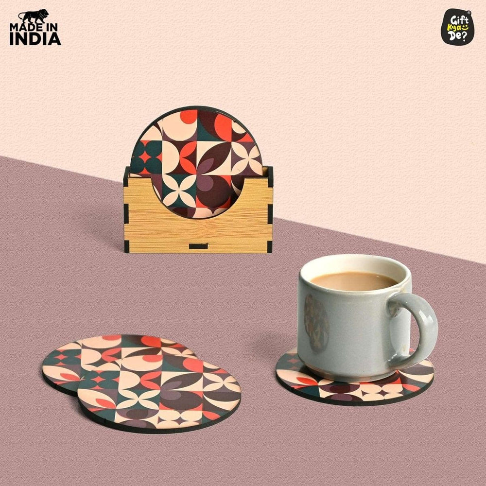 Gift Kya De Coaster Set of 6 Modern Art Design | Wooden Coasters to Serve Tea Cups, Coffee Mugs and Glasses