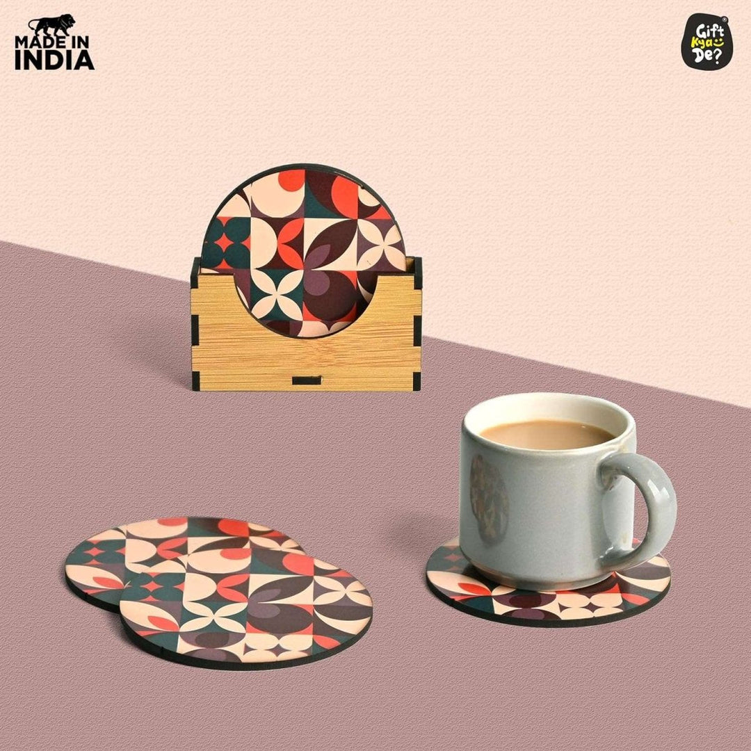 Gift Kya De Coaster Set of 6 Modern Art Design | Wooden Coasters to Serve Tea Cups, Coffee Mugs and Glasses