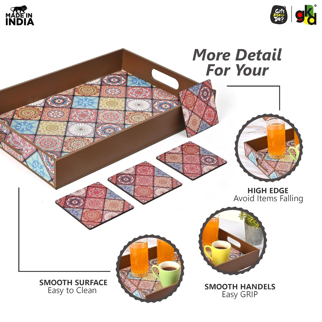 Wooden Serving Tray with 4 Free Coasters – 11x15 Inch Tea, Coffee & Snack Tray – Tray with Handles for Home, Kitchen & Dining