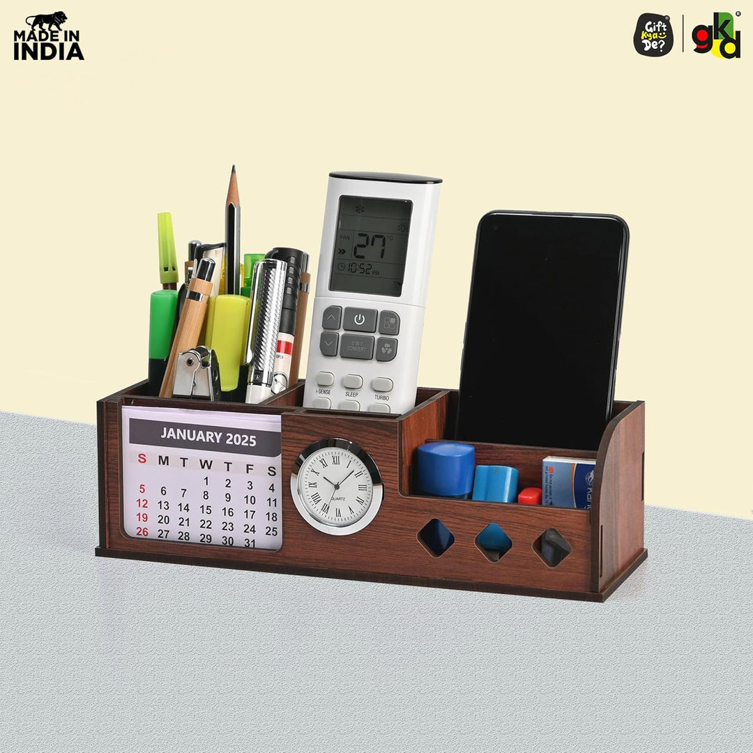 Gift Kya De Wooden Desk Organizer with Calendar, Clock and 4 Compartments for Stationery, Mobile and Remote | Tabletop Organizer for Office and Home Use