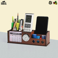 Gift Kya De Wooden Desk Organizer with Calendar, Clock and 4 Compartments for Stationery, Mobile and Remote | Tabletop Organizer for Office and Home Use