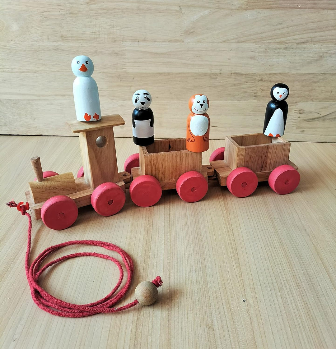Channapatna Toys Pull Along Toy Wooden Train with 4 Animals Peg Dolls for 12 Months & Above Kids, Toddlers, Infant & Preschool Toys - Multicolor - Wooden Toys Train Indian Passenger Set