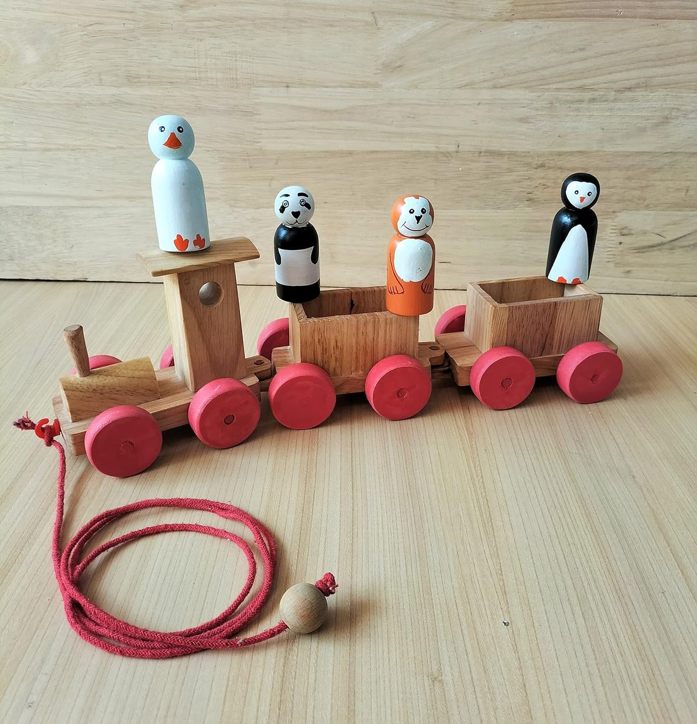 Pull Along Toy Wooden Train with 4 Animals Peg Dolls for 12 Months & Above Kids, Toddlers, Infant & Preschool Toys - Multicolor - Wooden Toys Train Indian Passenger Set