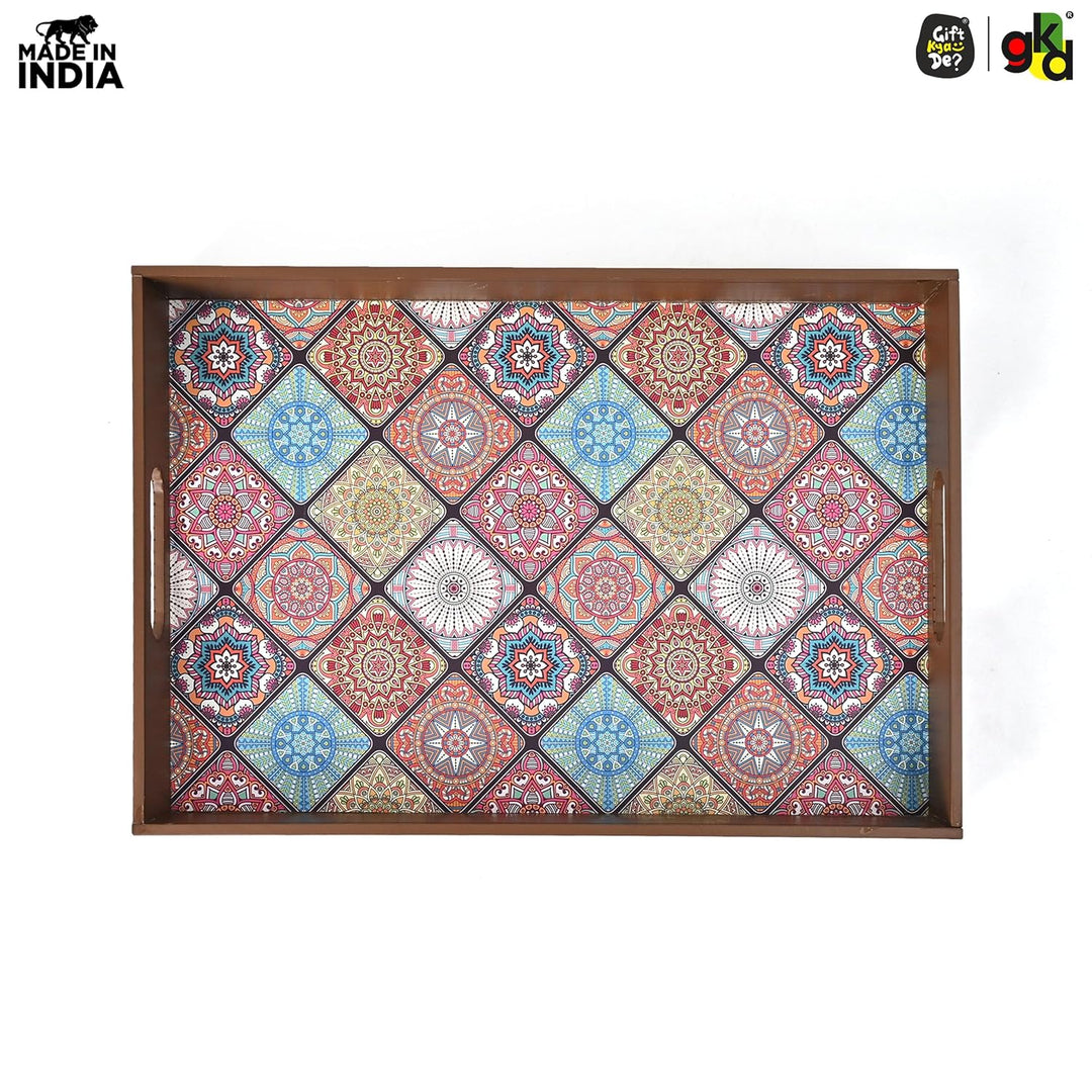 Wooden Serving Tray with 4 Free Coasters – 11x15 Inch Tea, Coffee & Snack Tray – Tray with Handles for Home, Kitchen & Dining