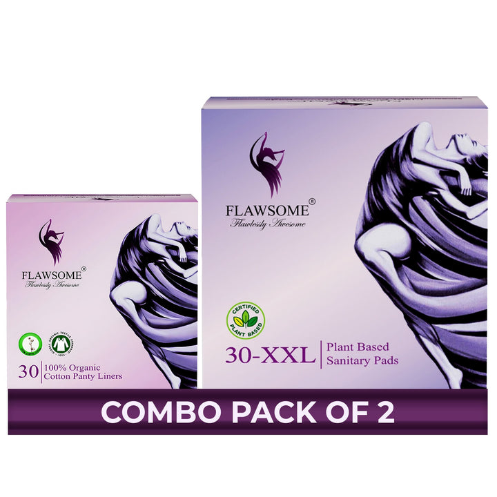 Flawsome Period Care Combo – Extra Large Sensitive Skin | Pack of 30 Organic Cotton Panty Liners & 30 Sensitive Sanitary Pads (Size XXL) | Natural Plant Top Sheet | 100% Rash-Free, Odour-Free & Chemical-Free