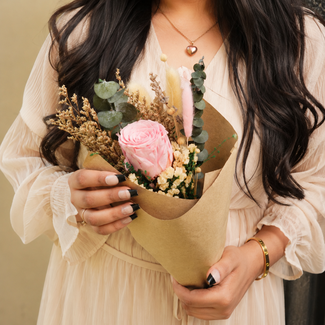 Blush & Bloom Preserved Pink Rose Bouquet | Handmade Dried Flower Bouquet for Gifting & Home Décor