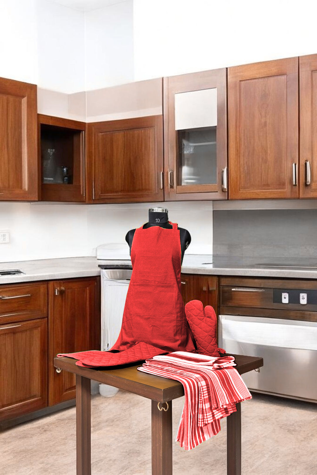 Country Village - Kitchen linen set ( Apron , Mittens , Kitchen towels)