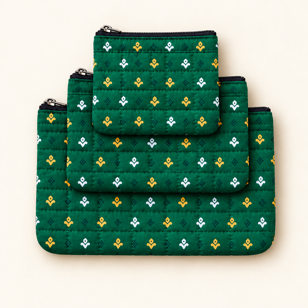 Pravaah Punh Quilted Cotton Flat Pouch Set of 3, Multipurpose Organisers