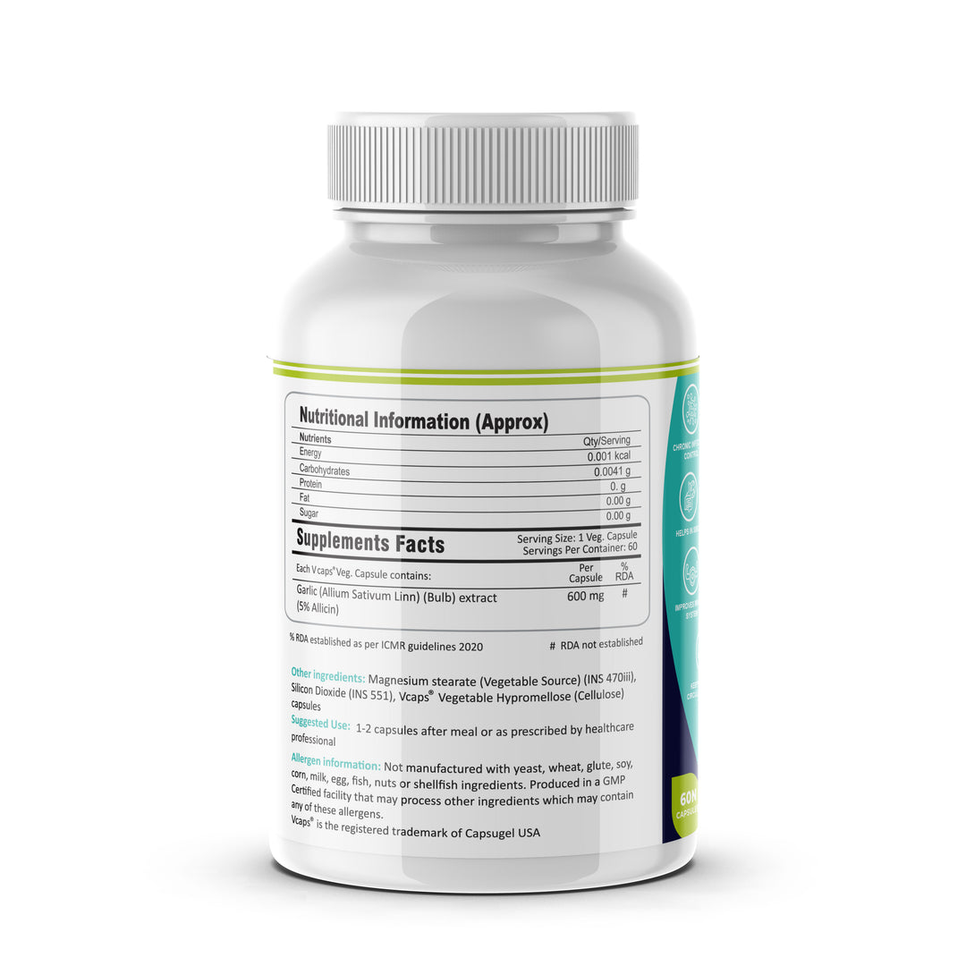 FM Nutrition Active Garlic I 5% Allicin I Heart Health I Fights Infections I Helps in SIBO & IBS I Aids in Digestion I 60 Veg Capsules