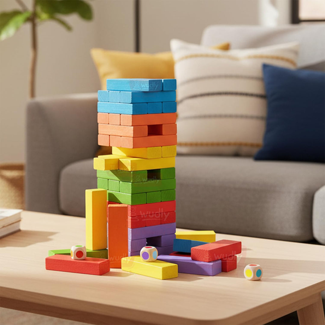 Wudly Toys Wooden Colour Stacking Tower | Colour Blocks with 2 Dice