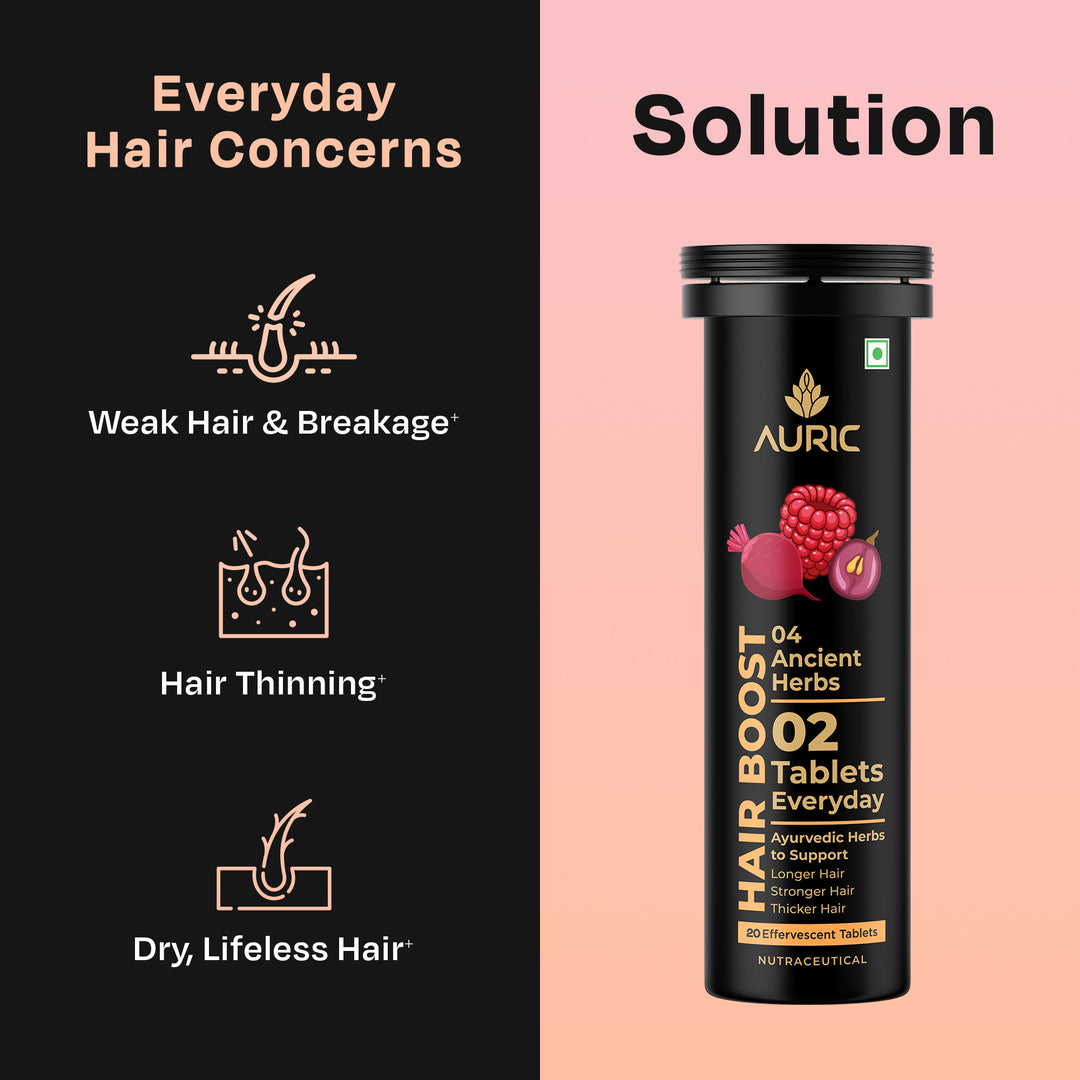 Auric Hair Boost Effervescent Tablets 20 Count | Ayurvedic Formula for Hair Fall Control | Biotin, Zinc, Beetroot & Grapeseed Extracts & Herbal Extracts | Hair Growth & Strength Support