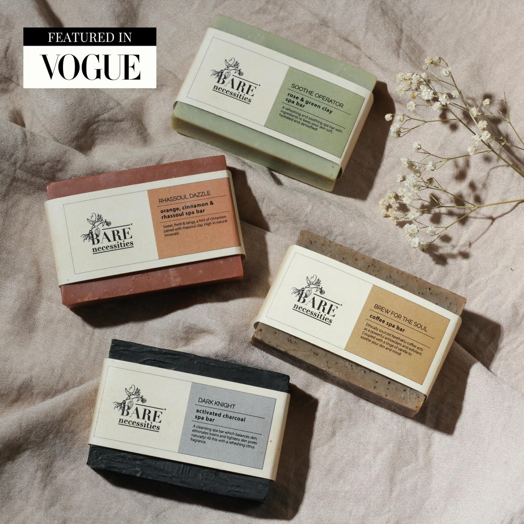 Bare Necessities Natural handmade bath soaps | pack of 4 | activated charcoal, exfoliating coffee, soothing rose, cleansing clay