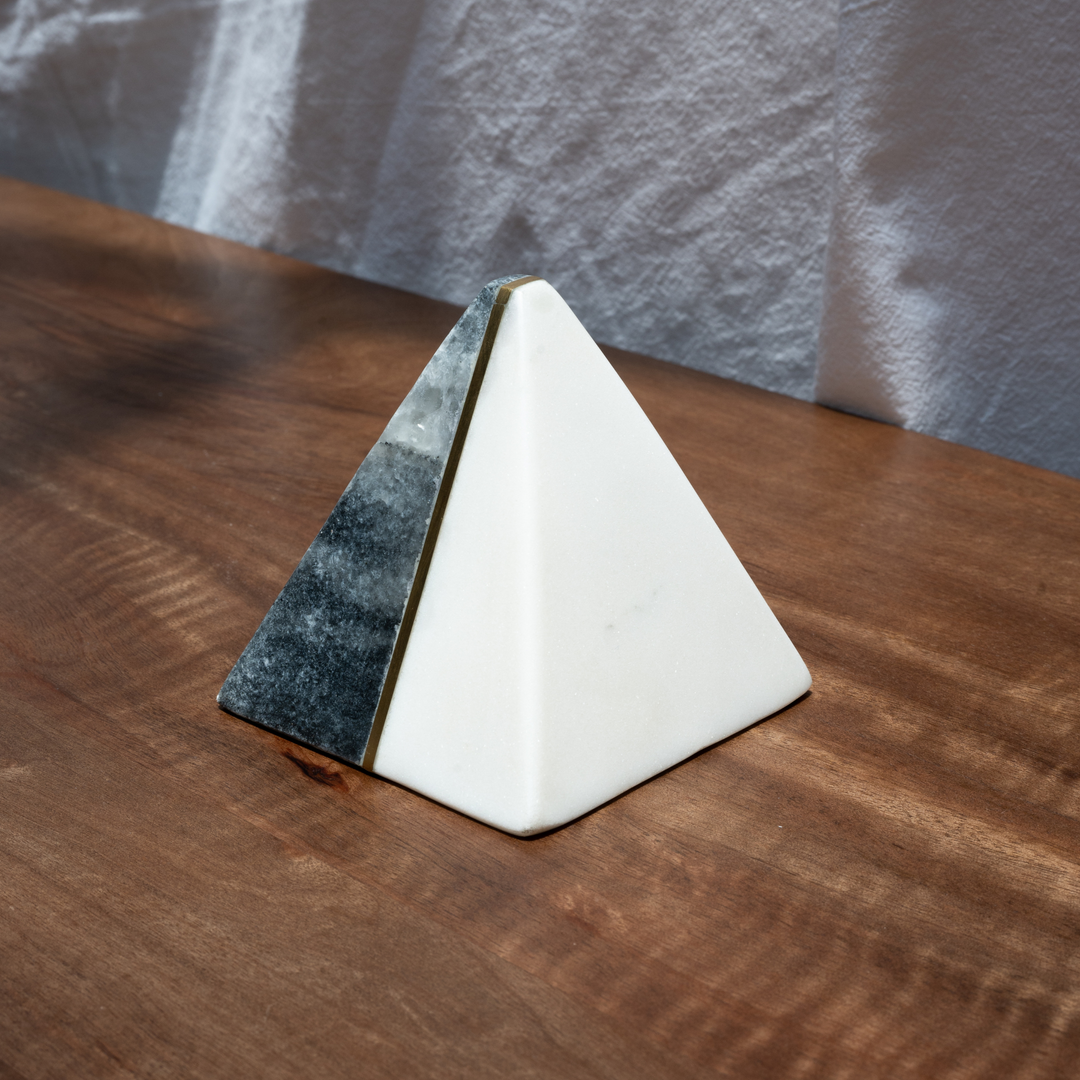 Muun Home Black & White Marble Pyramid w/brass Inlay