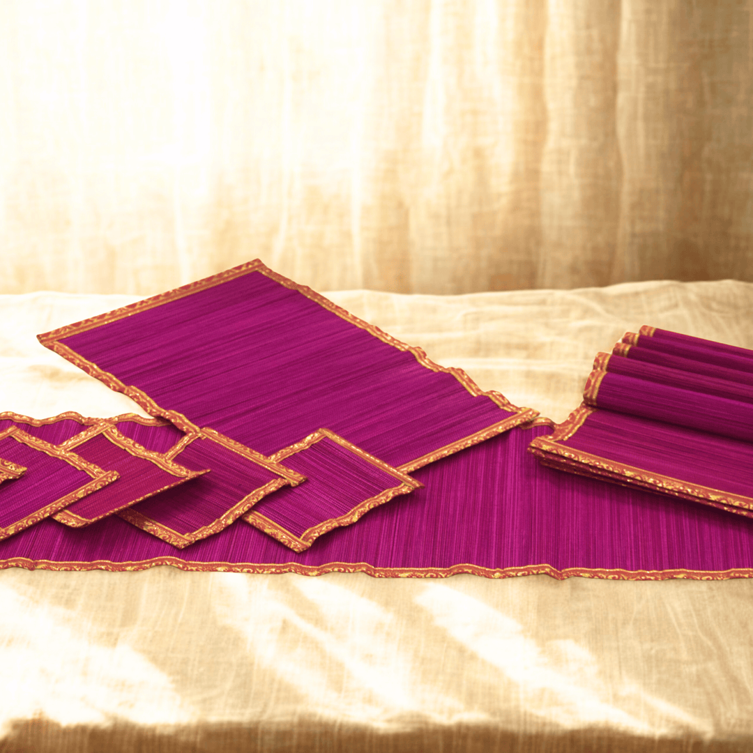 Zari Series | Bamboo Table Runner - Pink with Rose Zari Finish