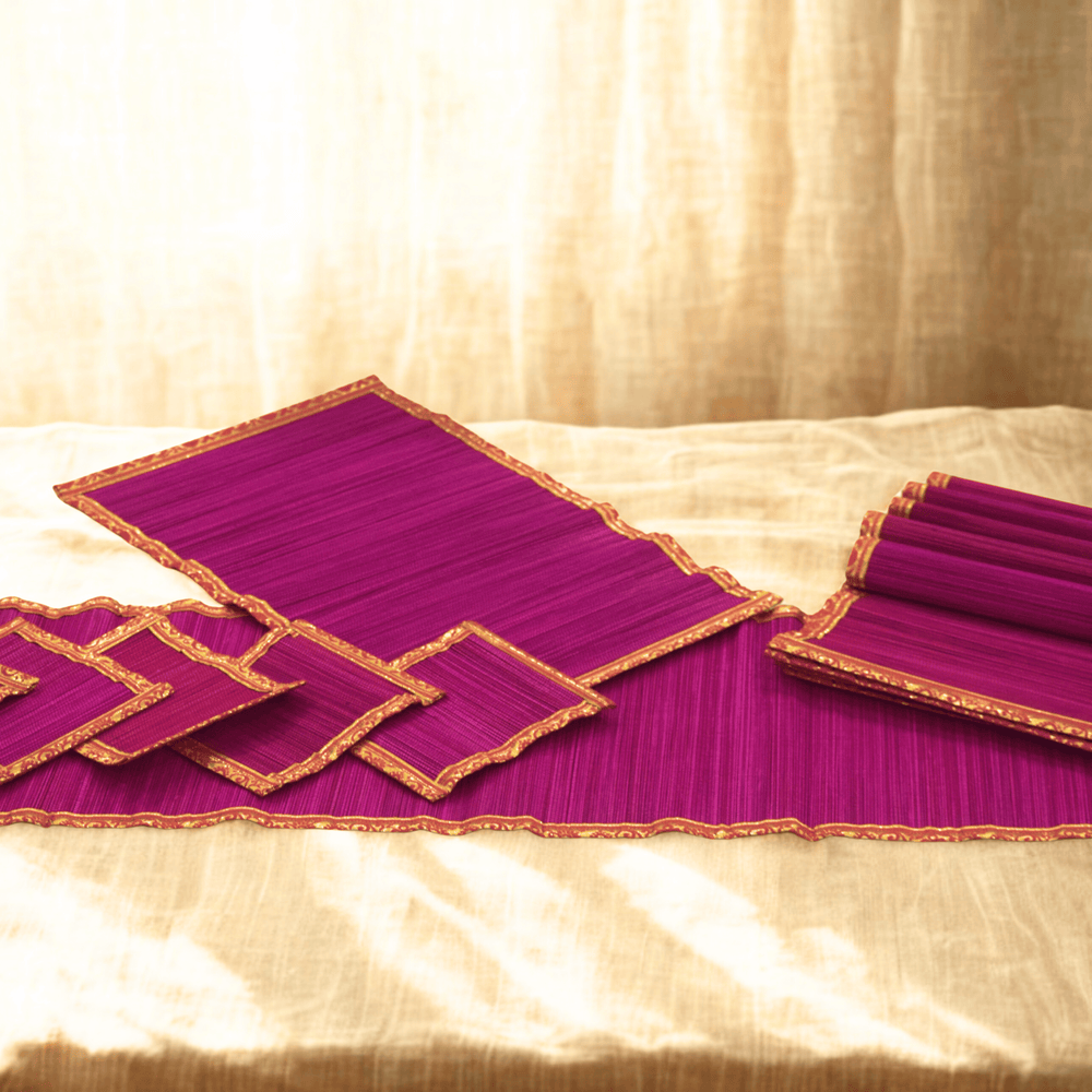 Zari Series | Bamboo Table Runner - Pink with Rose Zari Finish