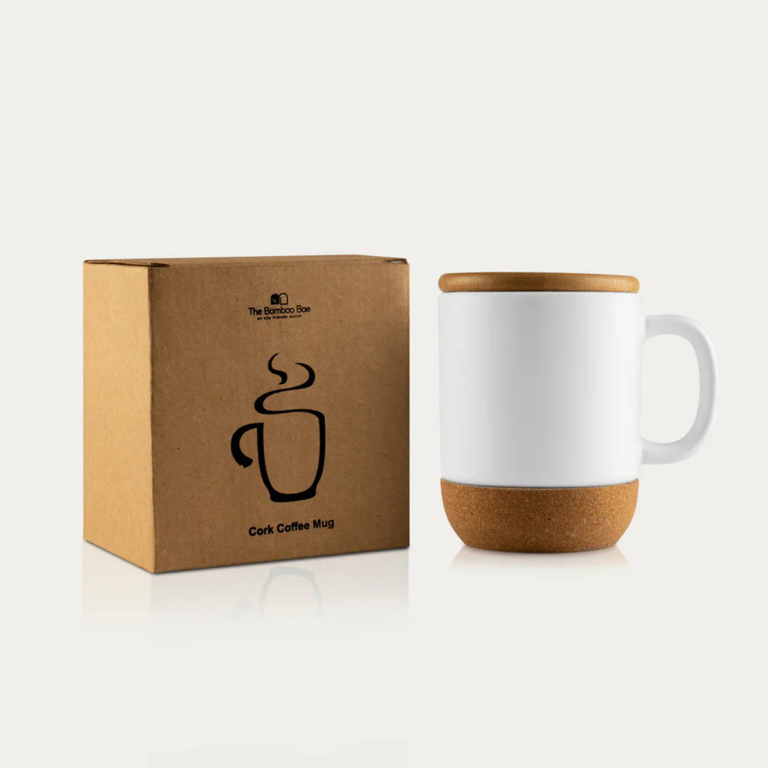 The Bamboo Bae Cork Coffee Mug | Porcelain Mug with Cork Base & Bamboo Lid | Eco Friendly Ceramic Cup | Heat Resistant | Unique Gift