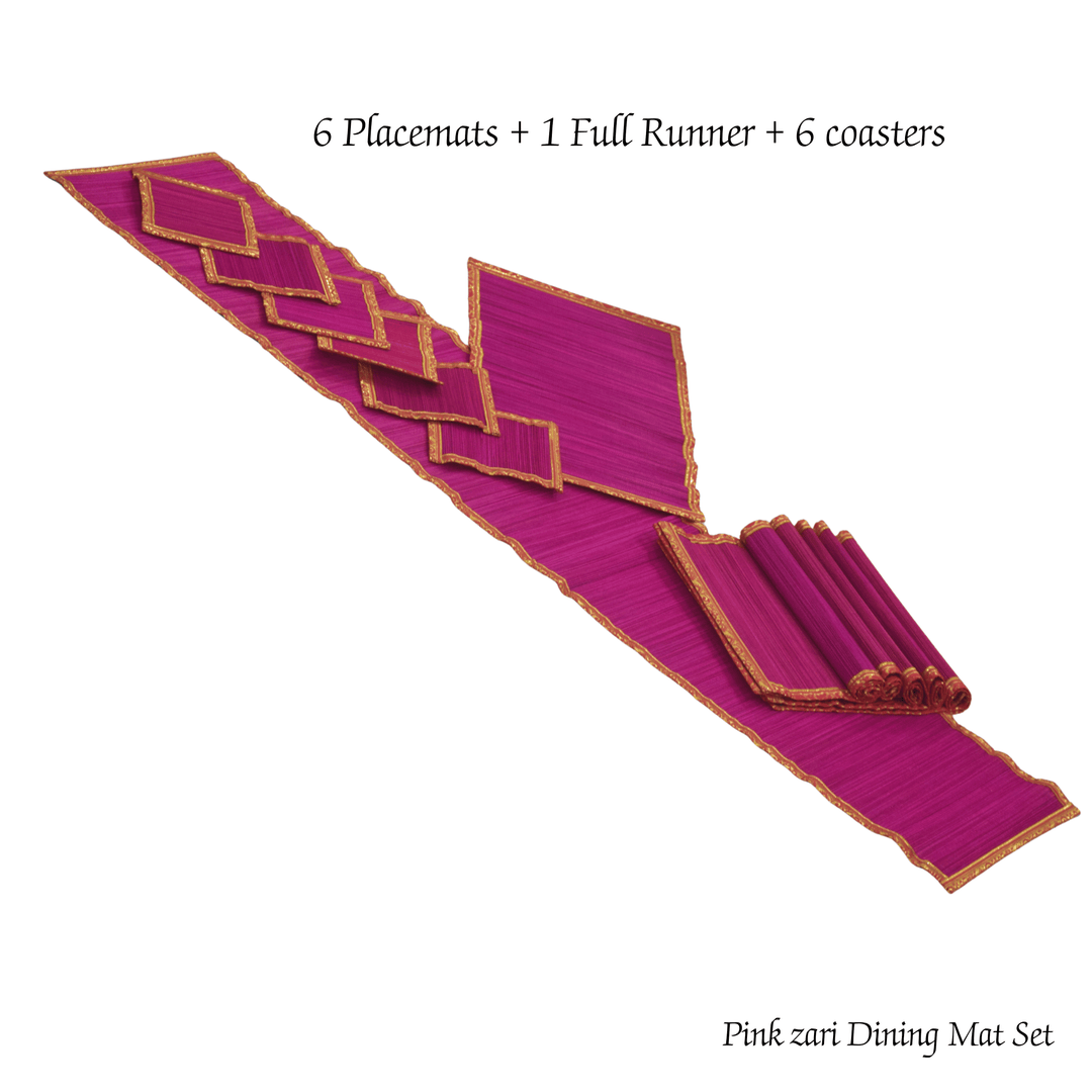 Zari Series | Bamboo Table Runner with Placemats - Pink with Rose Zari Finish