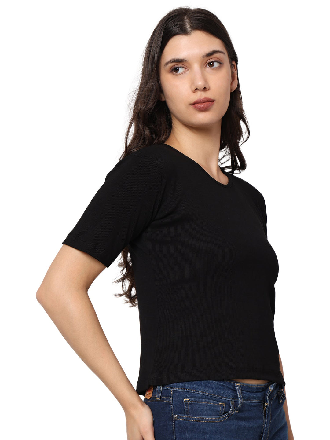 Elegant Bamboo Rib fabric Half Sleeves Top For Women | Black
