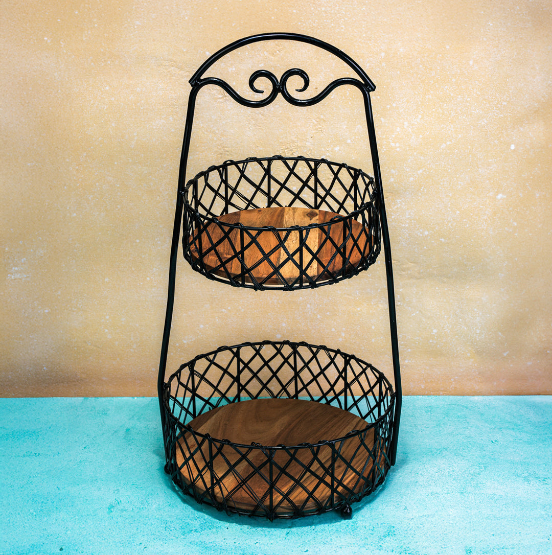 Ireka Homes Orbit Basket – Handcrafted Acacia Wood & Metal Storage Basket – Sturdy 2-Tier Organizer for Fruits, Vegetables & Kitchen Essentials