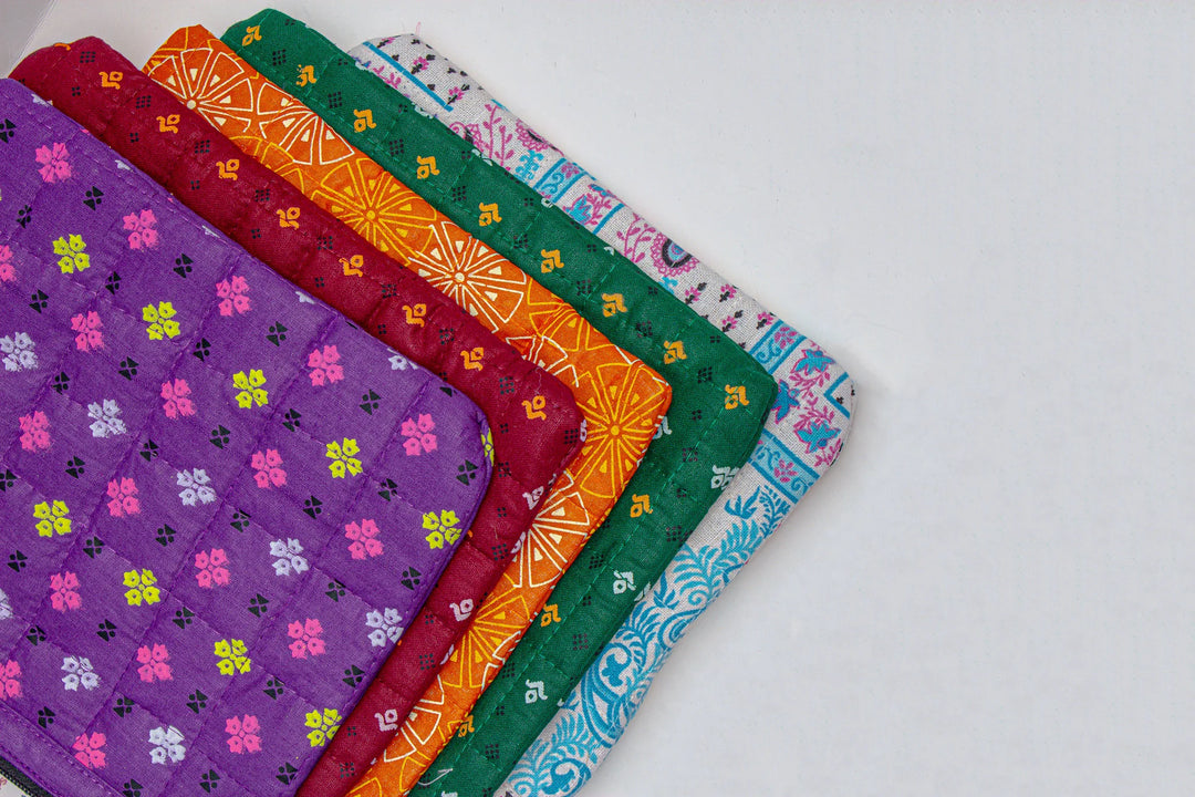 Pravaah Punh Quilted Cotton Laptop Sleeve with Zip Pocket, Assorted Prints