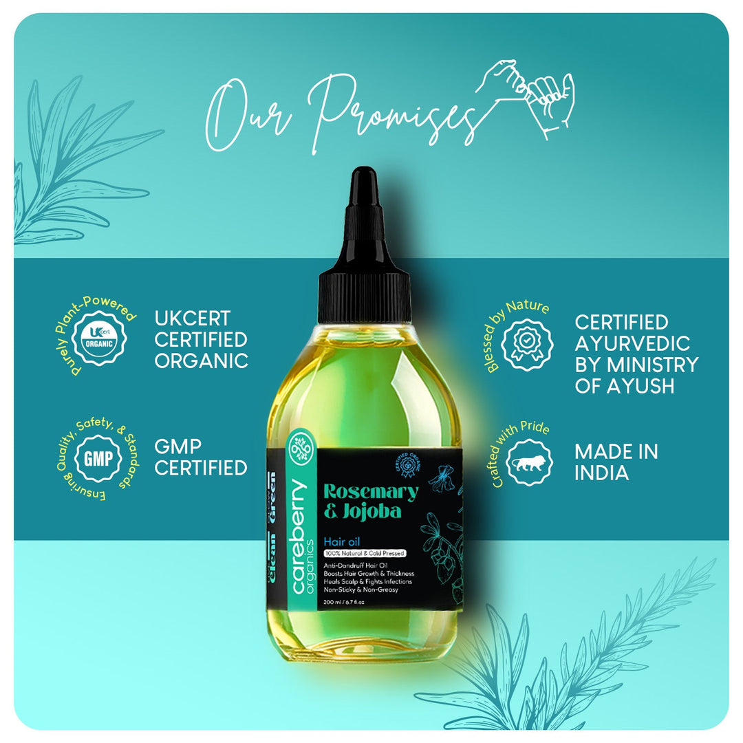 Careberry 100% Organic Rosemary & Jojoba Anti Dandruff Hair Oil, 100% Natural & Cold Pressed, Ayush Certified Ayurvedic 200ml