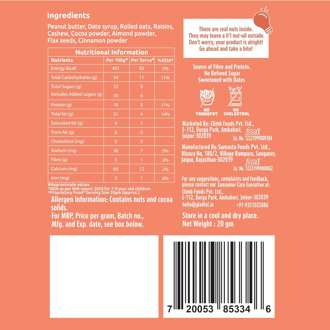 Gladful Date nut squares - cocoa and peanut - pack of 1