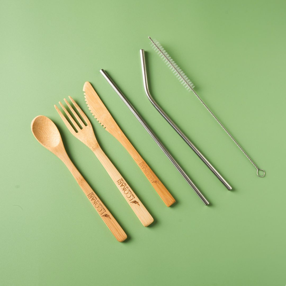 Ecokari Bamboo Cutlery Set with Organic Cotton Pouch