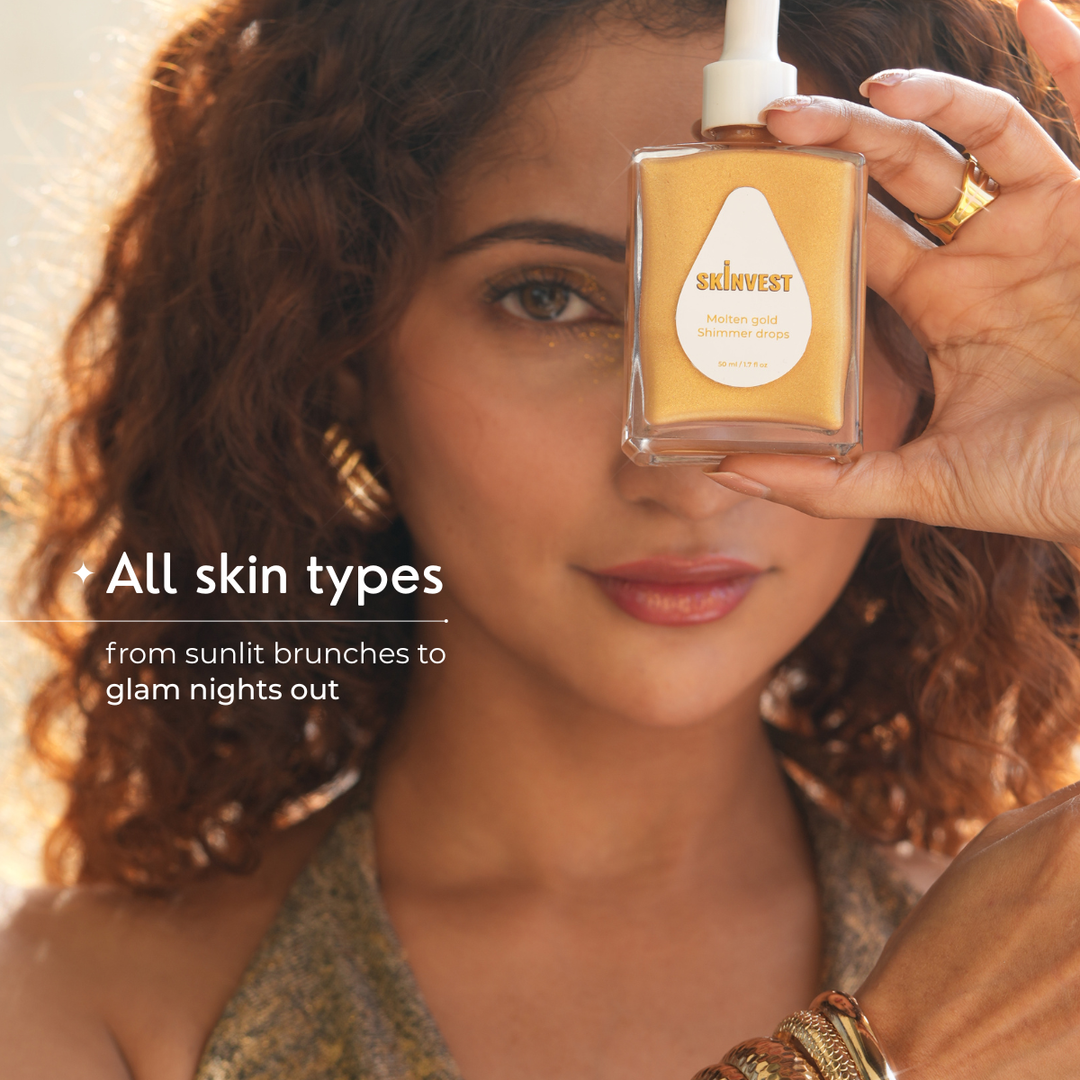 Skinvest Molten Gold Shimmer Body Oil Drops with Micro-Fine Champagne Shimmer & 10 Botanical Oils | Transfer Proof Glow, Deep Hydration, Non-Greasy | Free Luxe Buff Body Brush | 50ml
